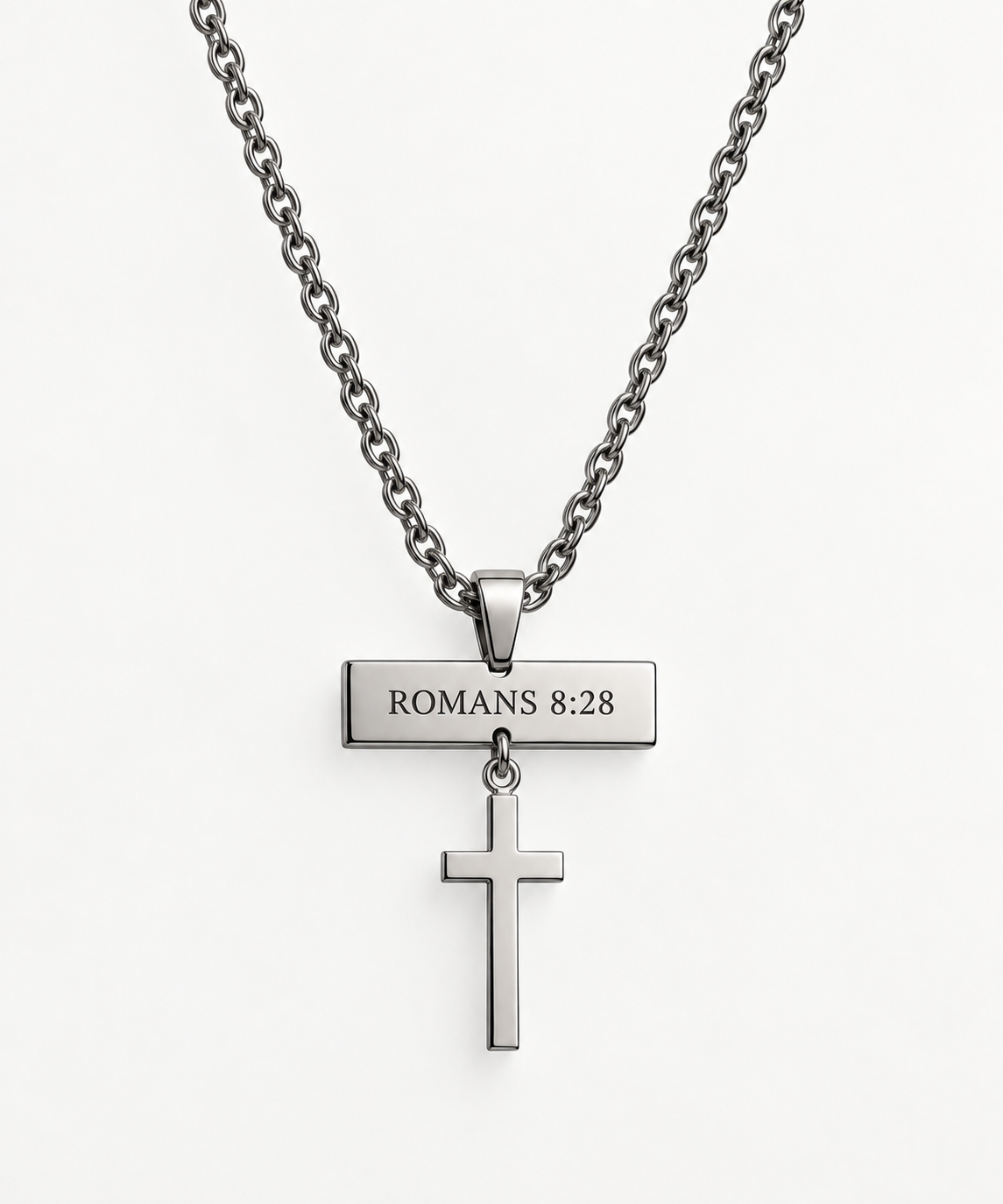 The Verse Necklace bar pendant in stainless steel on a plain background