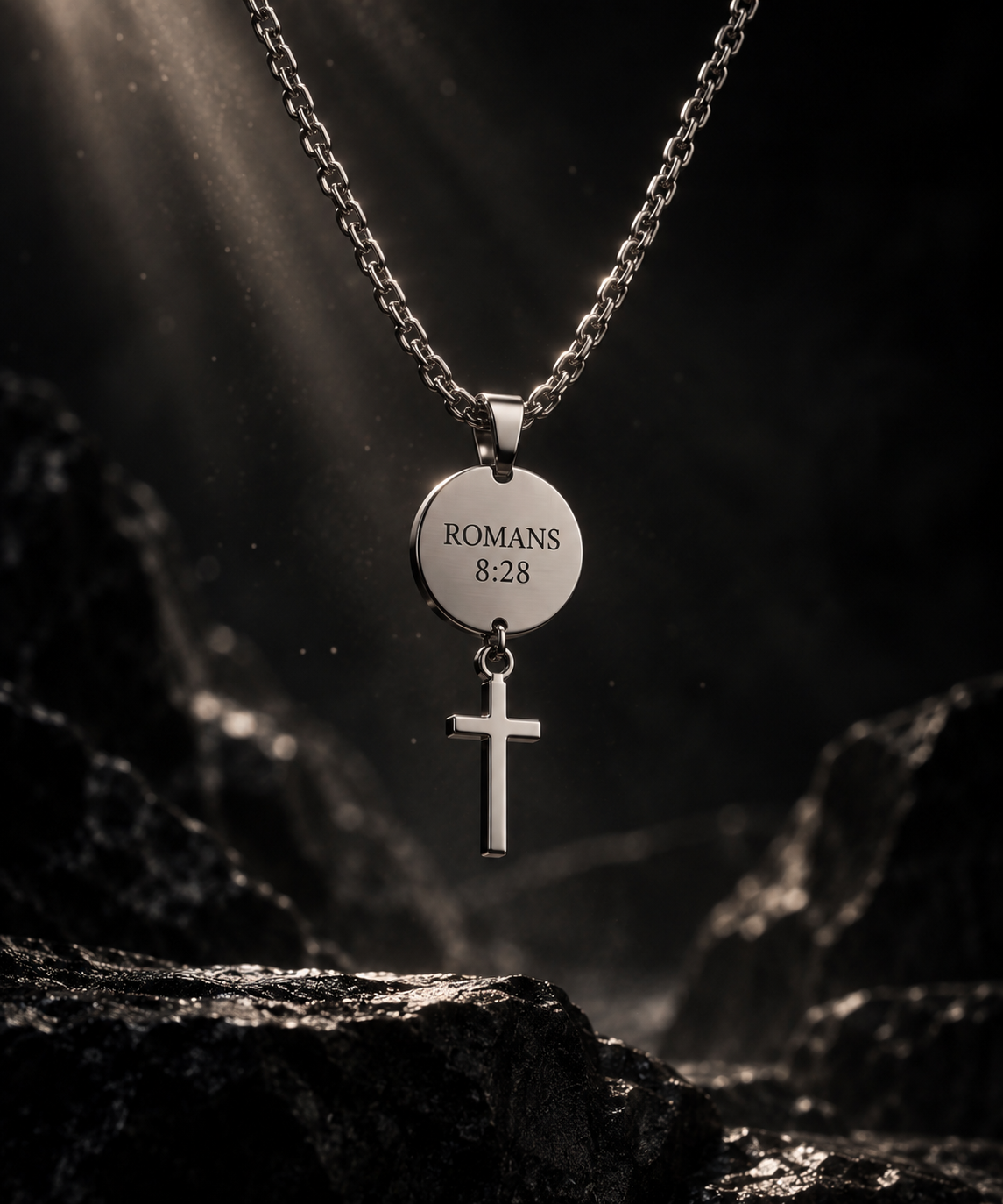 The medallion pendant with cross charm against a dark stone backdrop