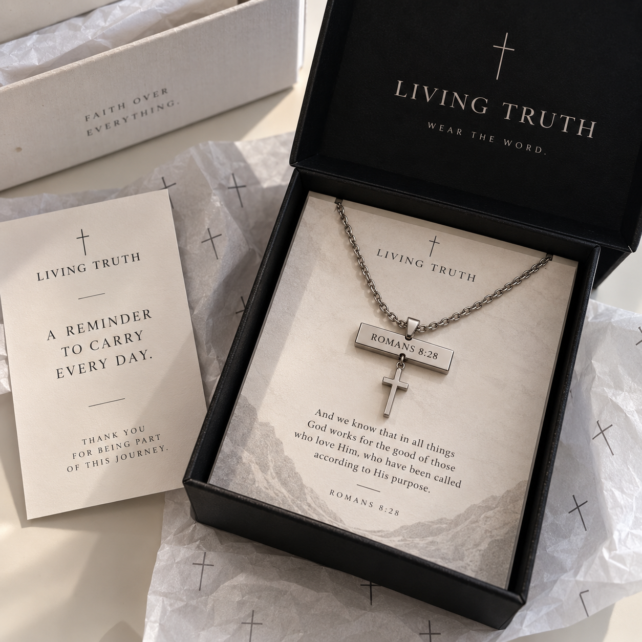 Living Truth gift box with scripture card and the necklace inside